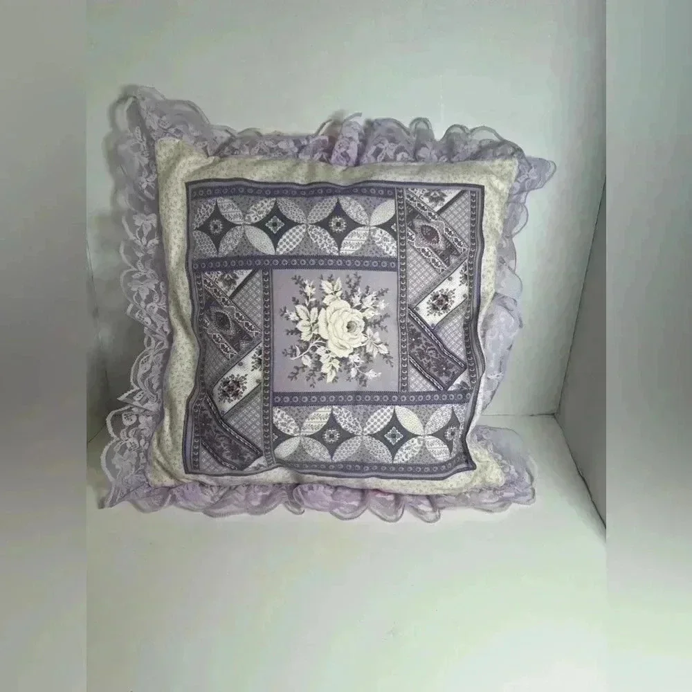 Vintage Cottage-core Lace Embroidered/ Quilted Pillow